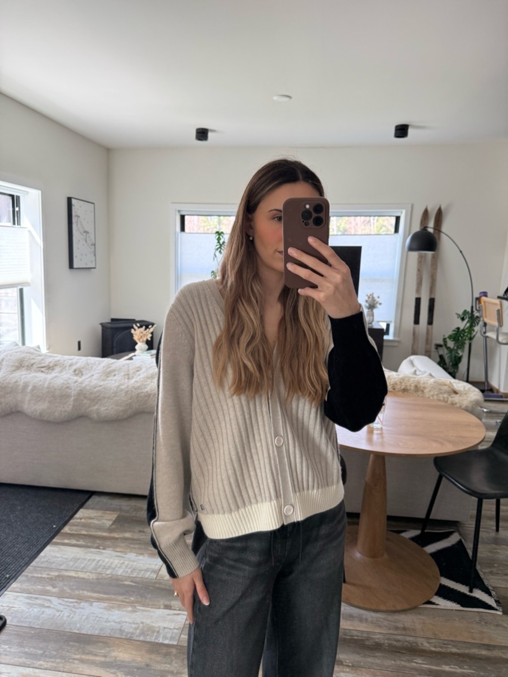 Colorblock Ribbed Button-Front Sweater Cashmere Cardigan - Beige & Black